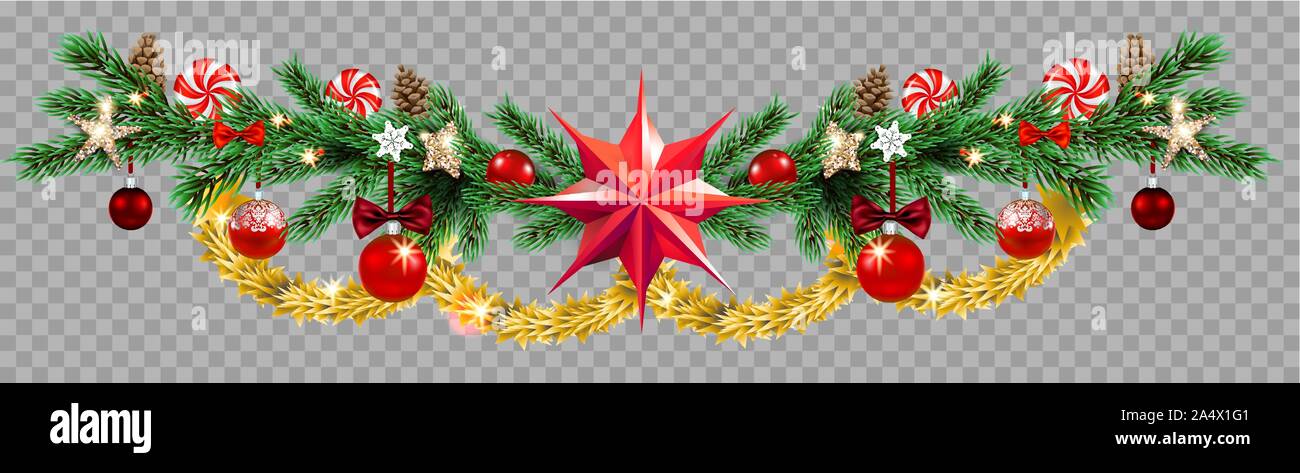 Decorative border with fir and balls Stock Vector
