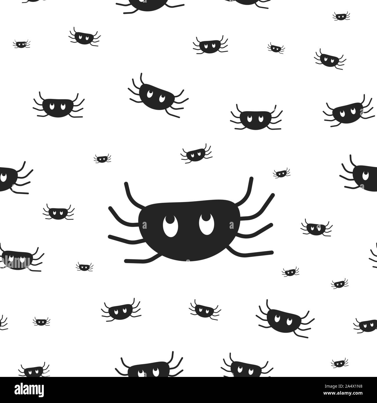 Spiders wrapping paper seamless pattern for Halloween greeting card. Simple paper cute spider texture, horror symbol, black vector illustration on Stock Vector