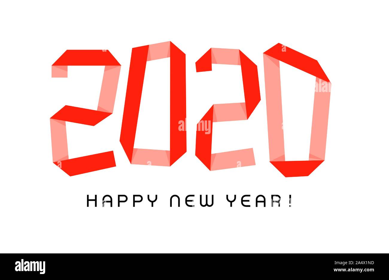 Happy New Year flat vector banner template. Bent red paper, origami style 2020 number isolated on white background. Minimalist winter holiday Stock Vector