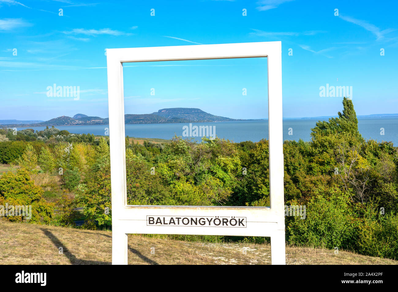 Balatongy r k sz pkil t (nice view) view point with badacsony mountain in  polaroid frame structure Stock Photo - Alamy