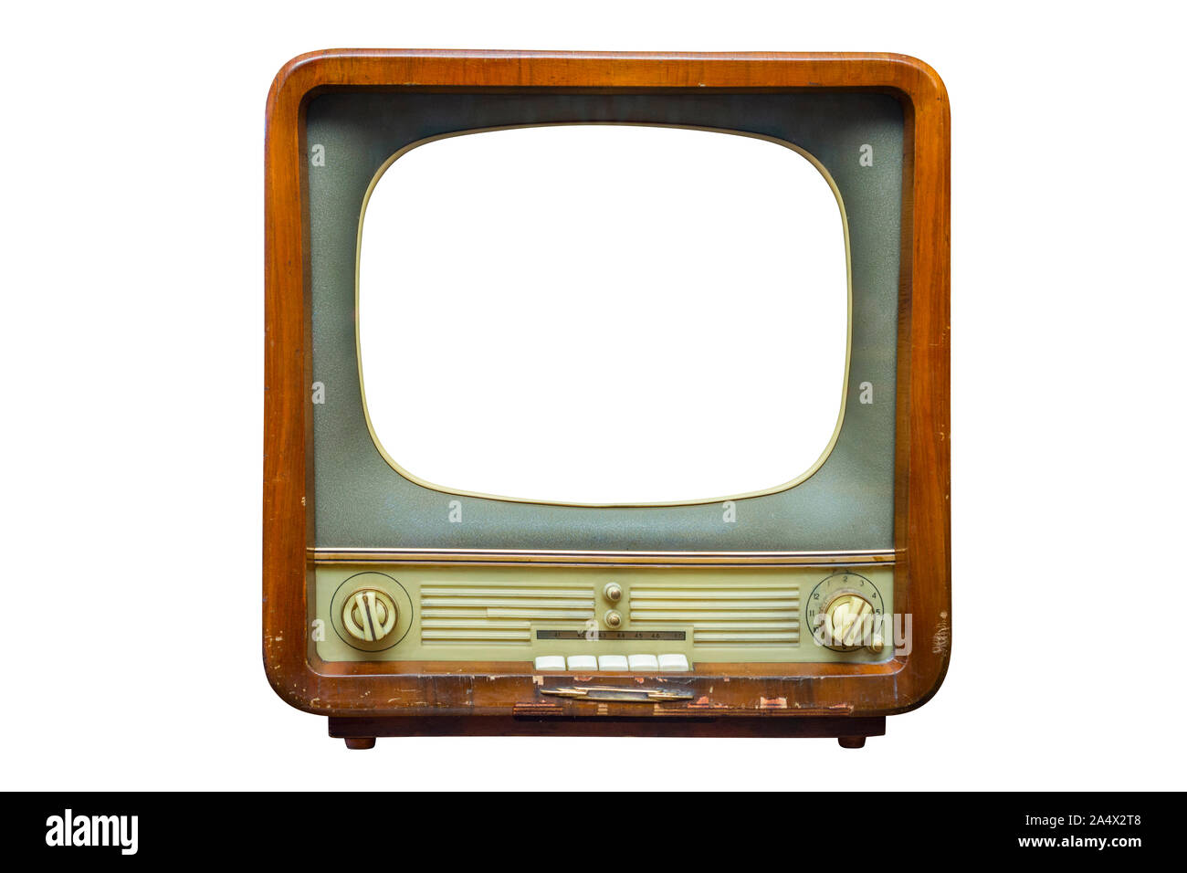 Vintage television with cut out screen for mock up isolated on white  background. Retro tv with wooden case Stock Photo - Alamy