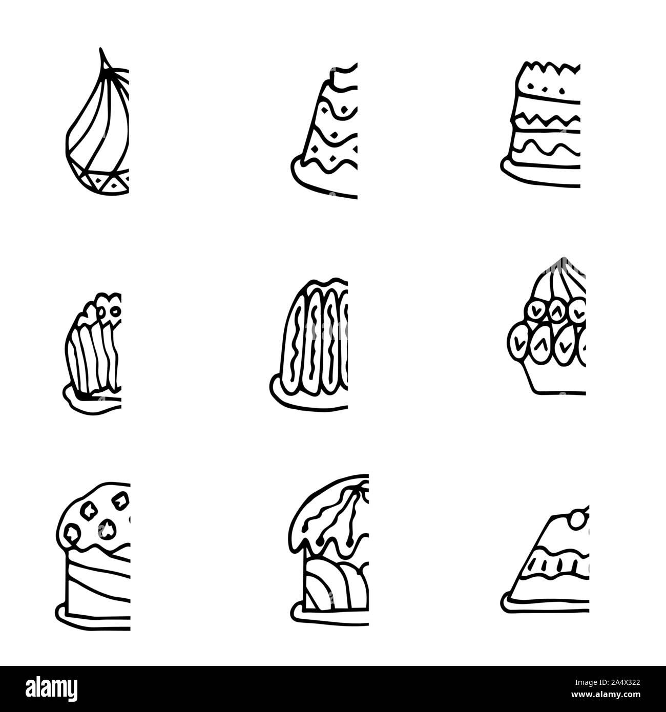 Set of vector cakes with cream or fruits, Illustration on white  background in hand drawn doodle style.Great for web page background, wrapping paper, Stock Vector