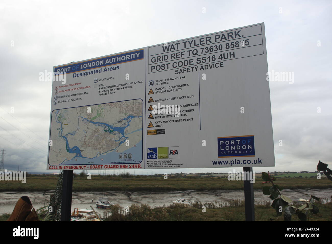 Port of London Authority Sign at Pitsea Creek, Wat Tyler Park, Pitsea, Essex, Britain. Stock Photo