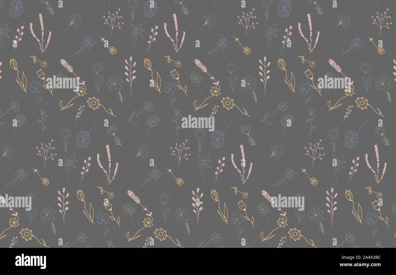 Seamless pattern with hand drawn doodle flowers and leaves. Vector ...