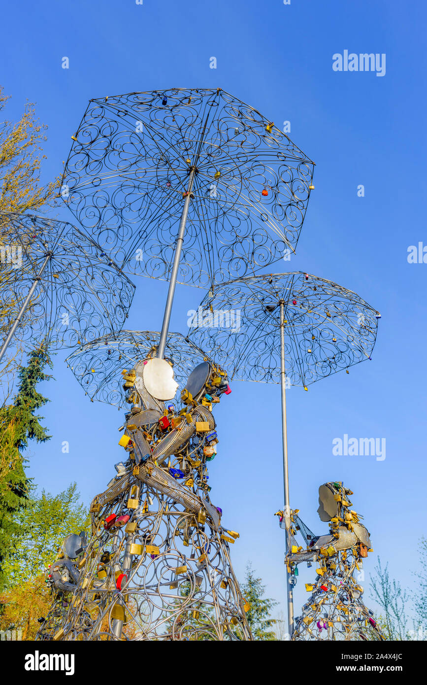 Lovers Lock sculpture called "Love in the Rain", Queen Elizabeth Park, Vancouver, British Columbia, Canada. Stock Photo