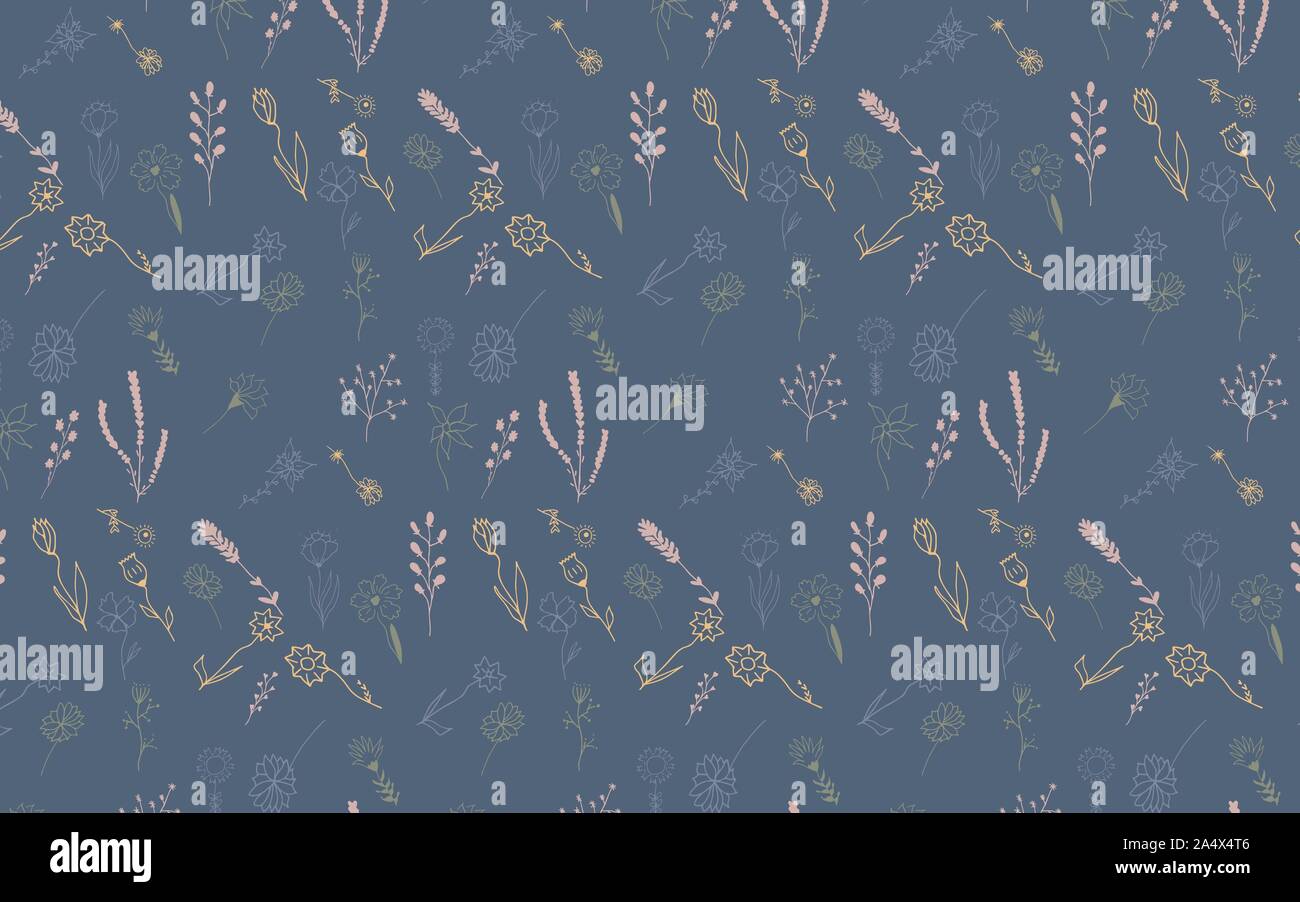 Seamless pattern with hand drawn doodle flowers and leaves. Vector ...