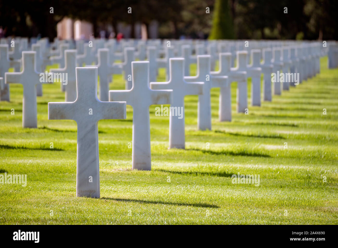 Headstones of the dead soldiers at the Normandy landing in the American cemetery of Colleville-sur-Mer, France Stock Photo