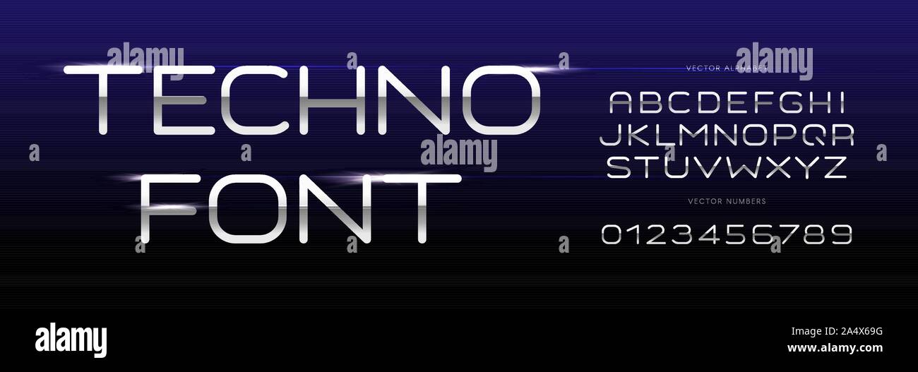 Techno font, geometric thin simple letters and numbers set with chrome