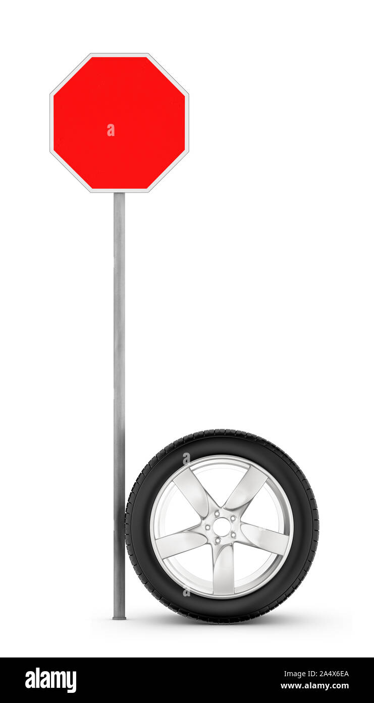 3d rendering of one car chrome wheel standing on its rim beside a blank red road sign. Stock Photo