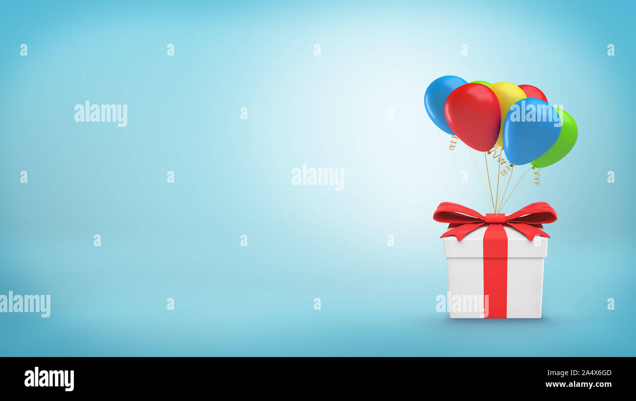 A closed white gift box with a red ribbon tied to several colorful ...