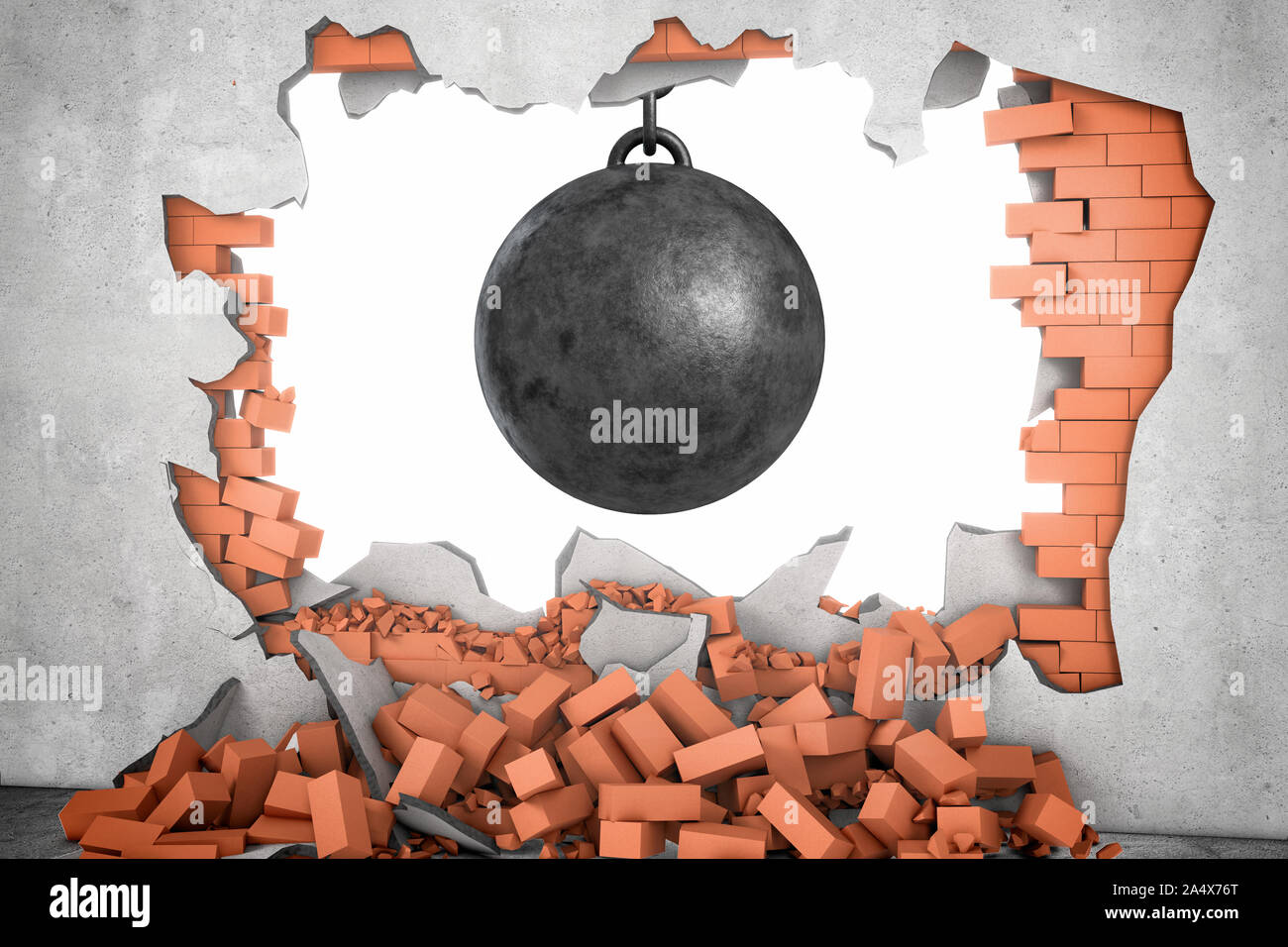 3d rendering of a large black wrecking ball hanging in a hole made in a  brick wall with many bricks lying around Stock Photo - Alamy