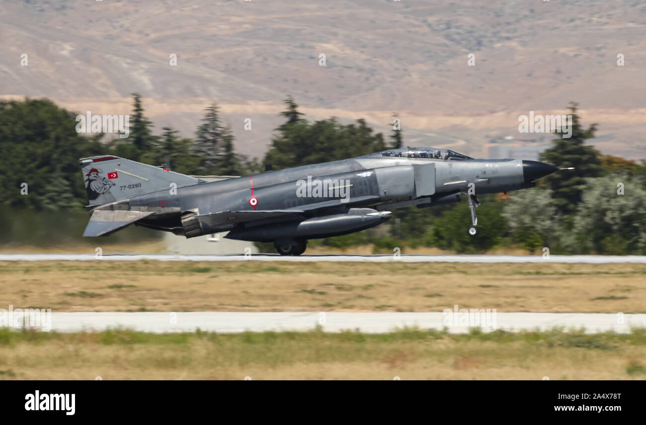 KONYA, TURKEY - JUNE 26, 2019: Turkish Air Force McDonnell Douglas F-4E Phantom II (CN 5000) takes off from Konya Airport during Anatolian Eagle Air F Stock Photo