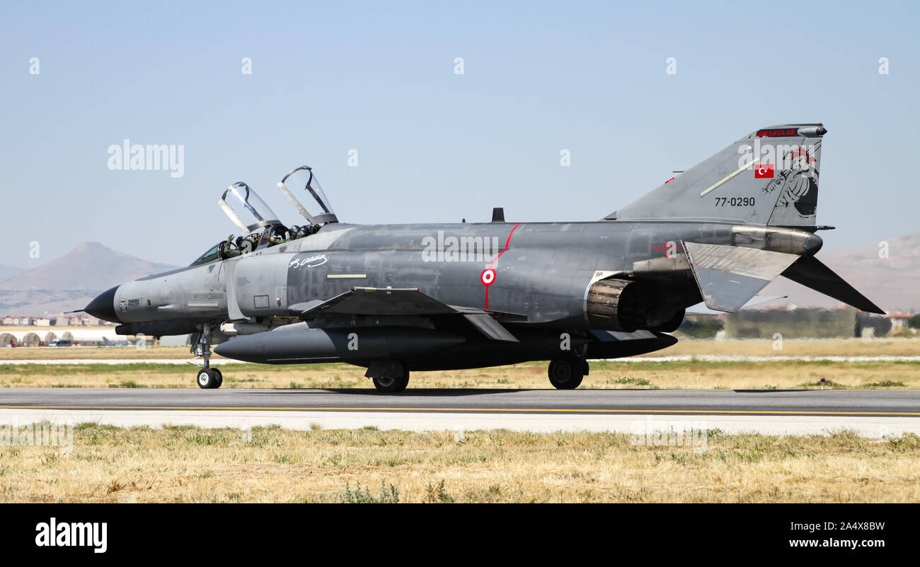 KONYA, TURKEY - JUNE 26, 2019: Turkish Air Force McDonnell Douglas F-4E Phantom II (CN 5000) taxi in Konya Airport during Anatolian Eagle Air Force Ex Stock Photo