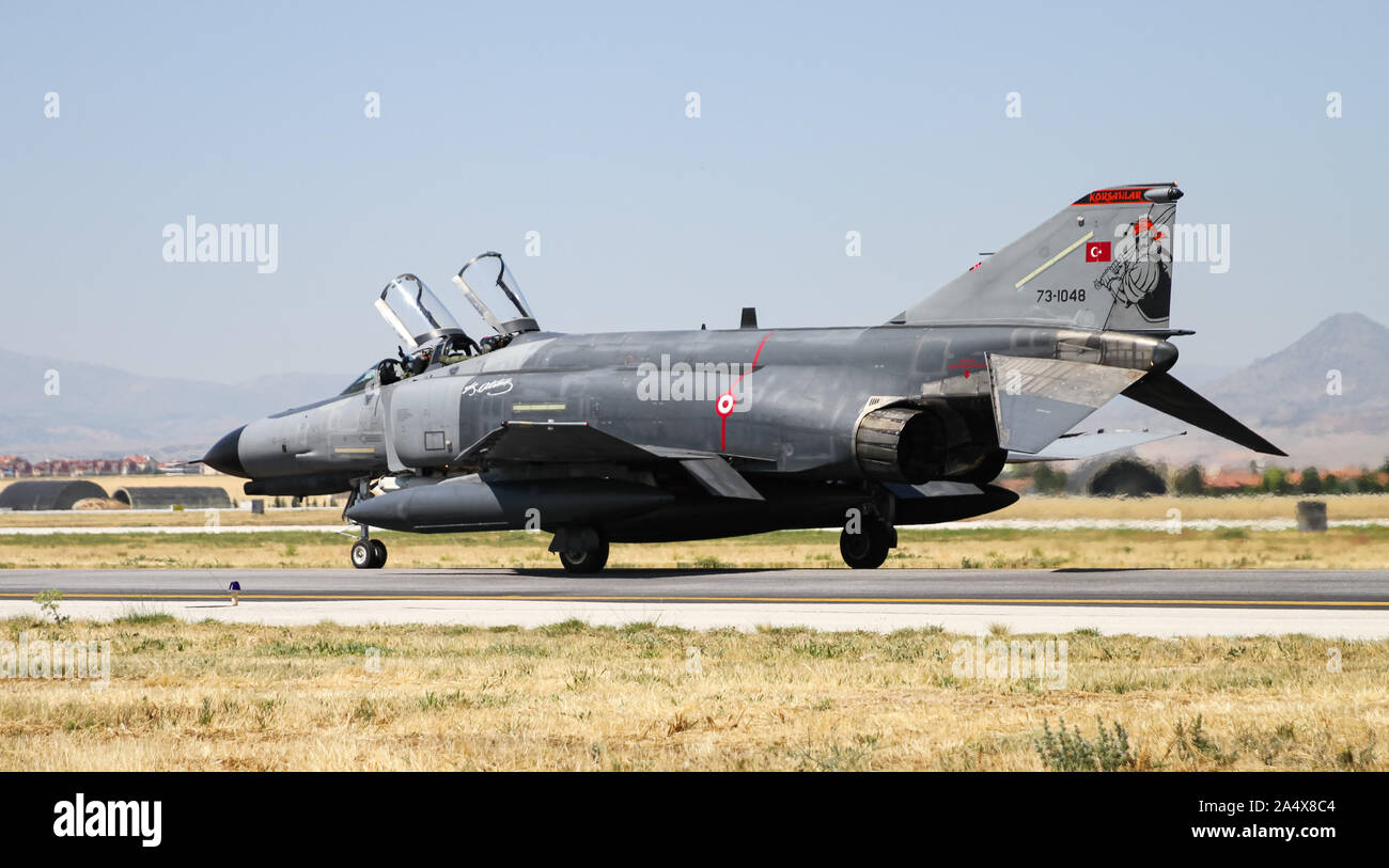 KONYA, TURKEY - JUNE 26, 2019: Turkish Air Force McDonnell Douglas F-4E Terminator 2020 (CN 4688) taxi in Konya Airport during Anatolian Eagle Air For Stock Photo