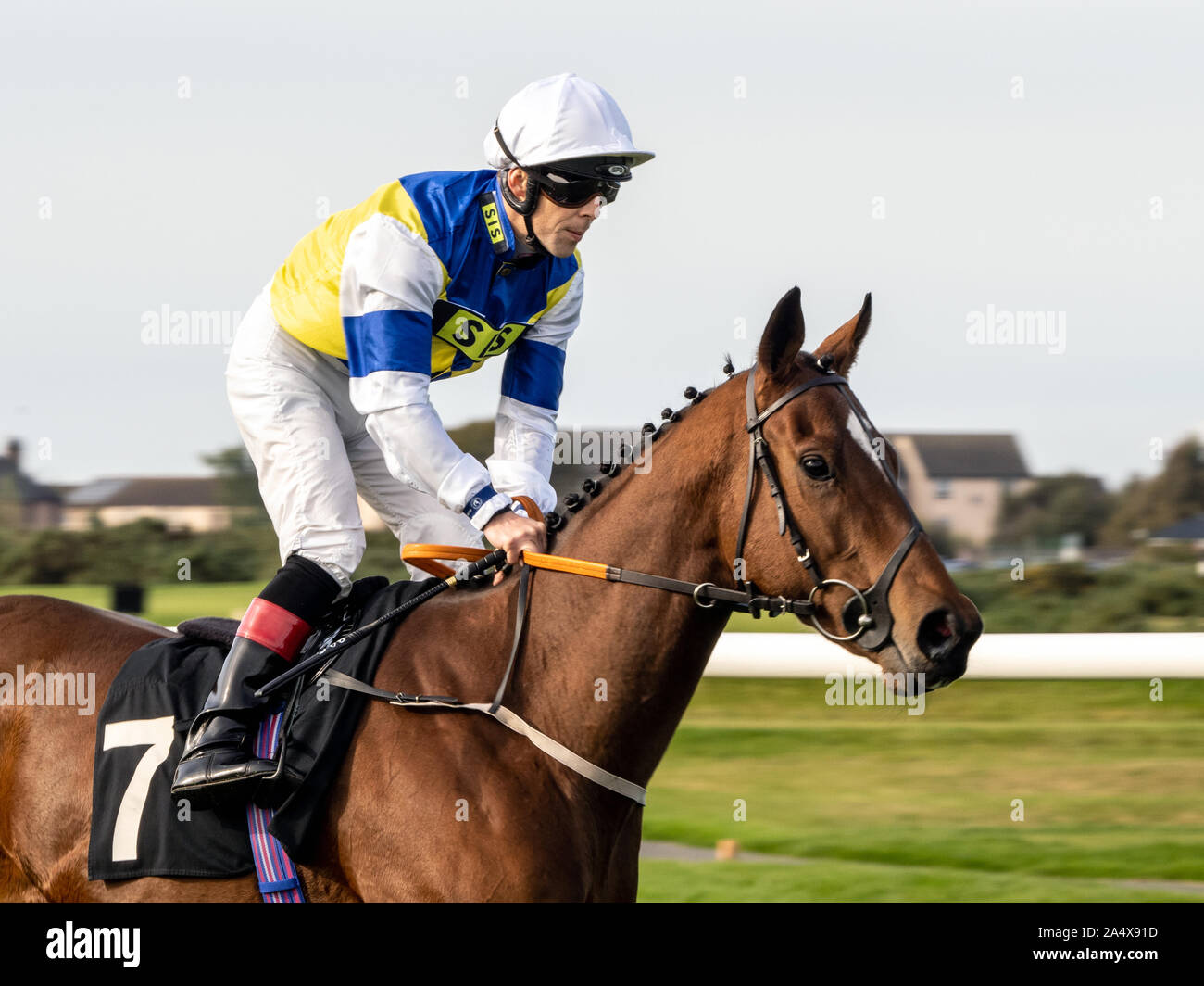 Jockey Ben Curtis on Najib prior to the Like Racing TV On Facebook Handicap at Musselburgh - 14th October 2019. Stock Photo