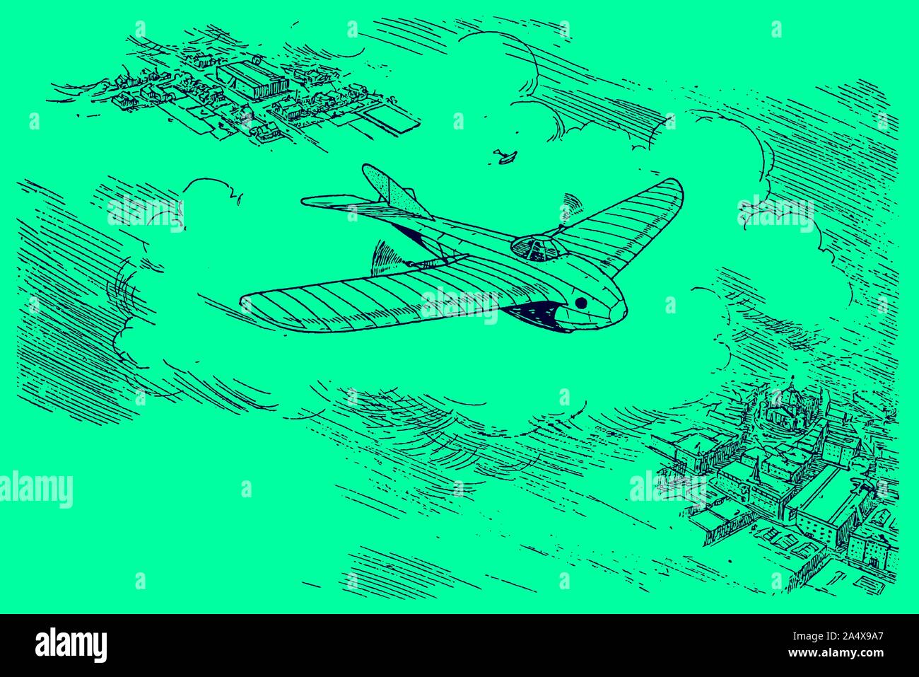 Futuristic study from the early 20th century of a monoplane aircraft flying over a city at high altitude. Illustration on a green background. Editable Stock Vector