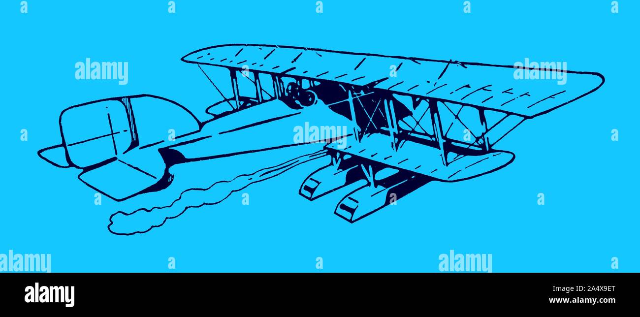 Historical biplane seaplane flying away. Illustration on a blue background after a lithography from the early 20th century. Editable in layers Stock Vector