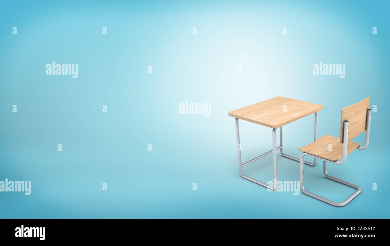 3d rendering of a modern light wood set made of a chair and a table for school and college learners. Stock Photo