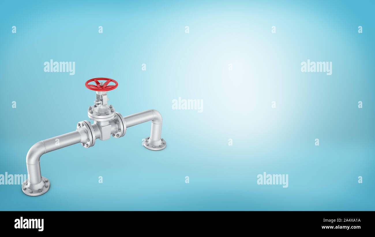 3d rendering of a piece of a curved chrome pipe with a red round wheel valve on blue background. Stock Photo