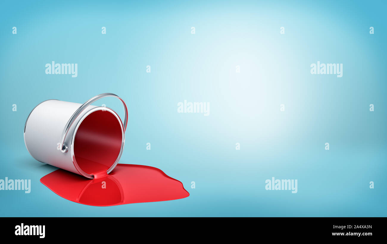 3d rendering of a overturned metal bucket with red paint leaking out in a puddle on blue background. Stock Photo