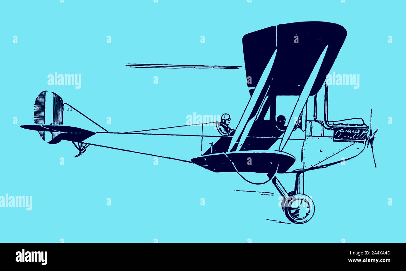Flying historic two-seater biplane aircraft in side view. Illustration on a blue background after a lithography from the early 20th century. Editable Stock Vector