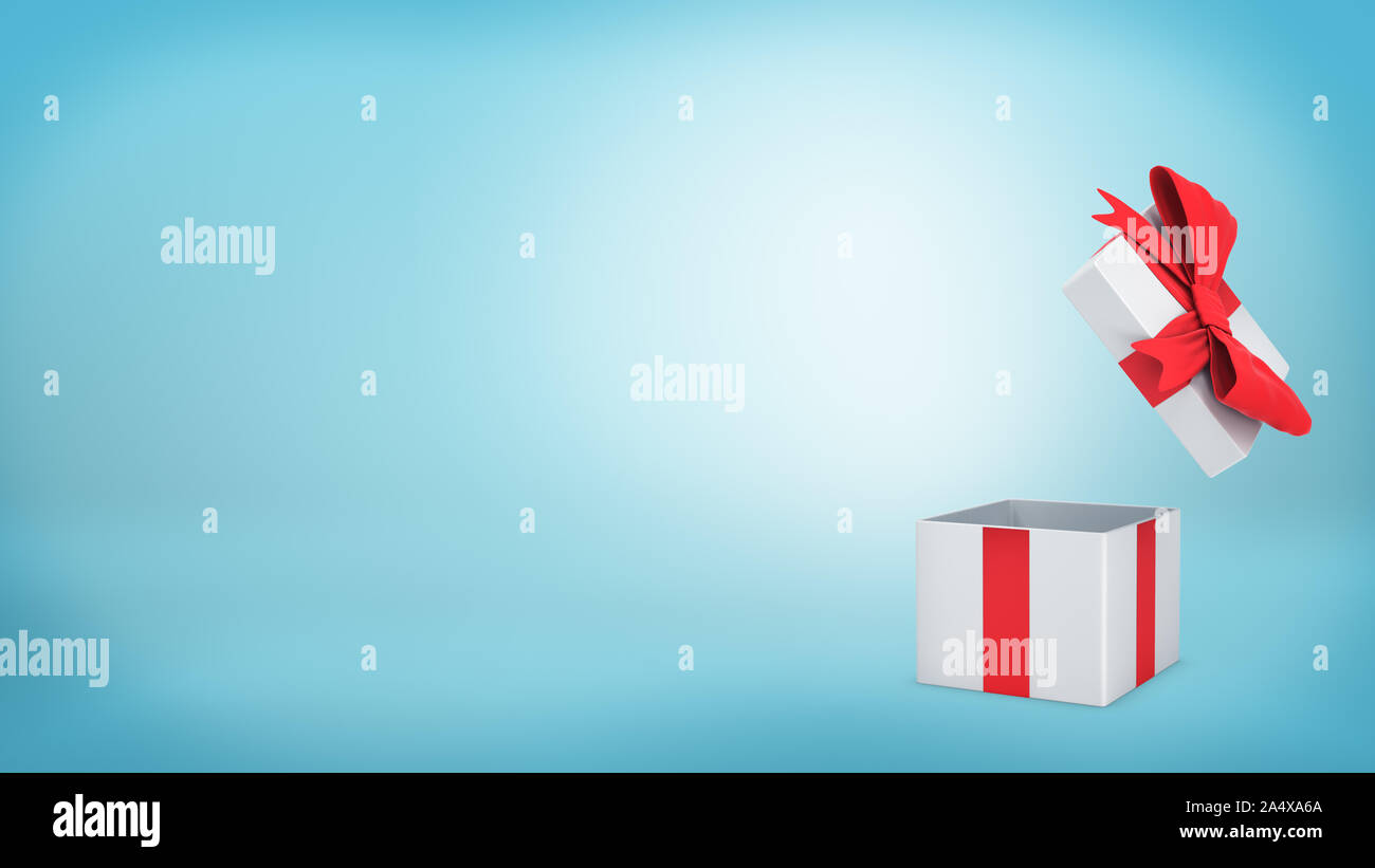 3d rendering of a white gift box with a red ribbon and bow stands open ...