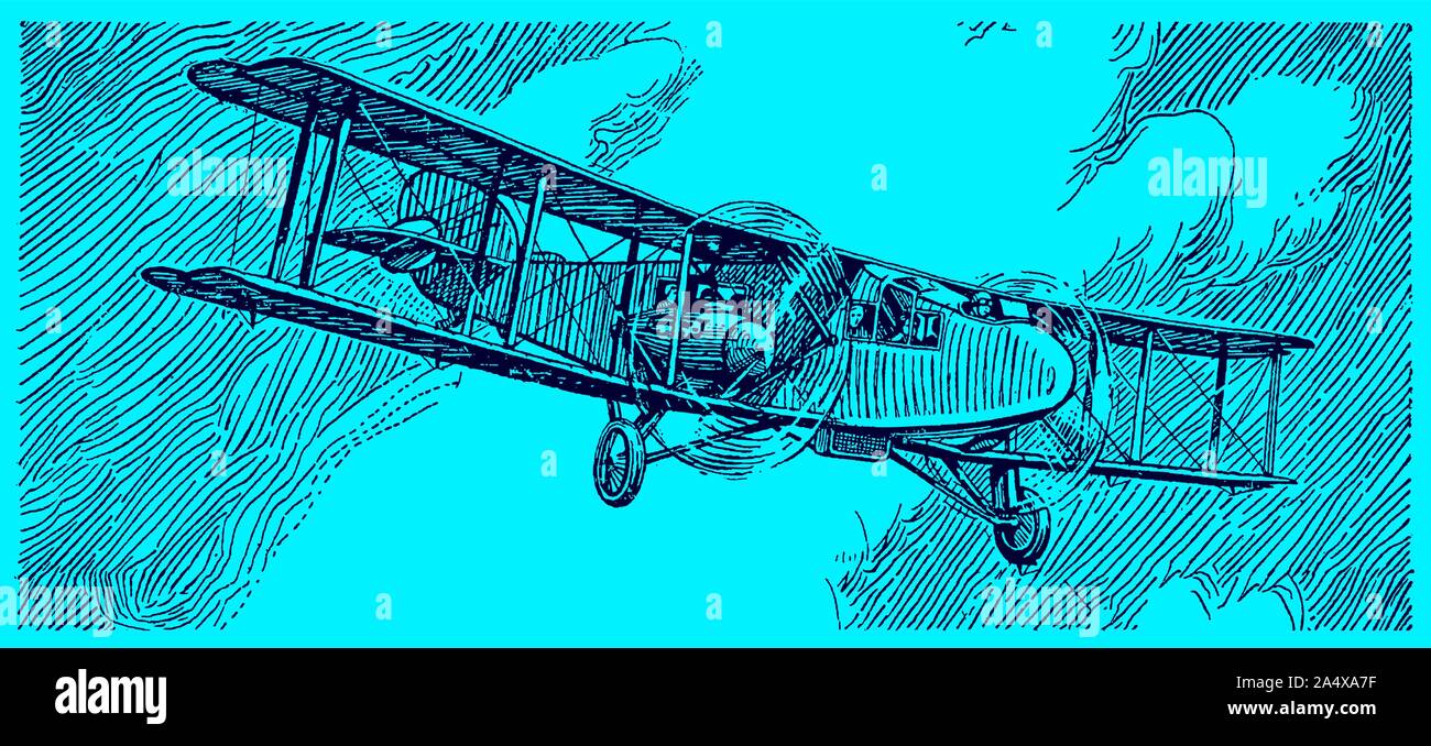 Historical commercial aviation biplane flying in front of a dark cloudy sky. Illustration on a blue background after a lithography from the early 20th Stock Vector