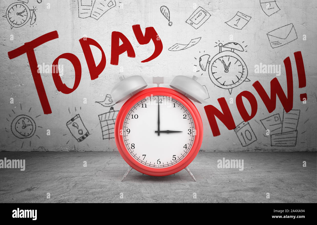 3d rendering of a large red ringing alarm clock stands on concrete background with words Today and Now. Stock Photo