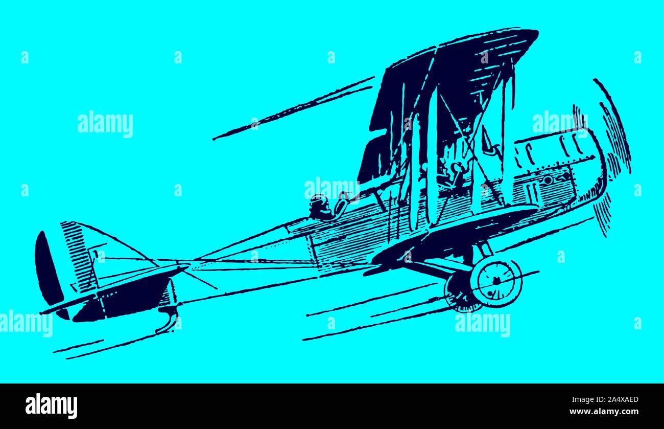 Ascending historical single-engine biplane. Illustration on a blue background after a lithography from the early 20th century. Editable in layers Stock Vector