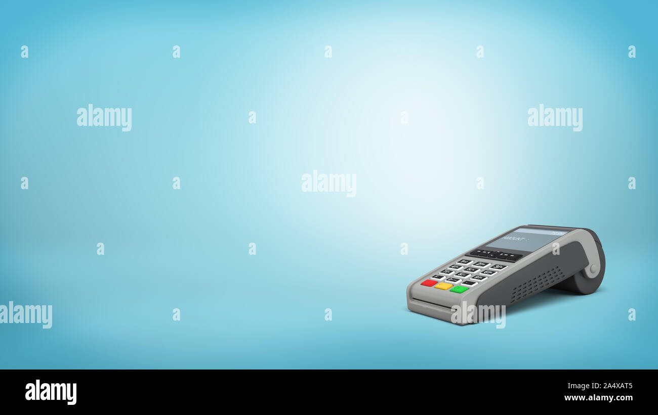 3d rendering of a single credit card terminal stands in a side view on ...