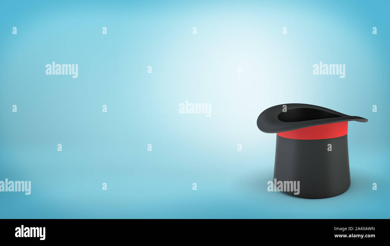 3d rendering of a single black illusionist' hat with a red ribbon stands upside down on a blue background. Stock Photo