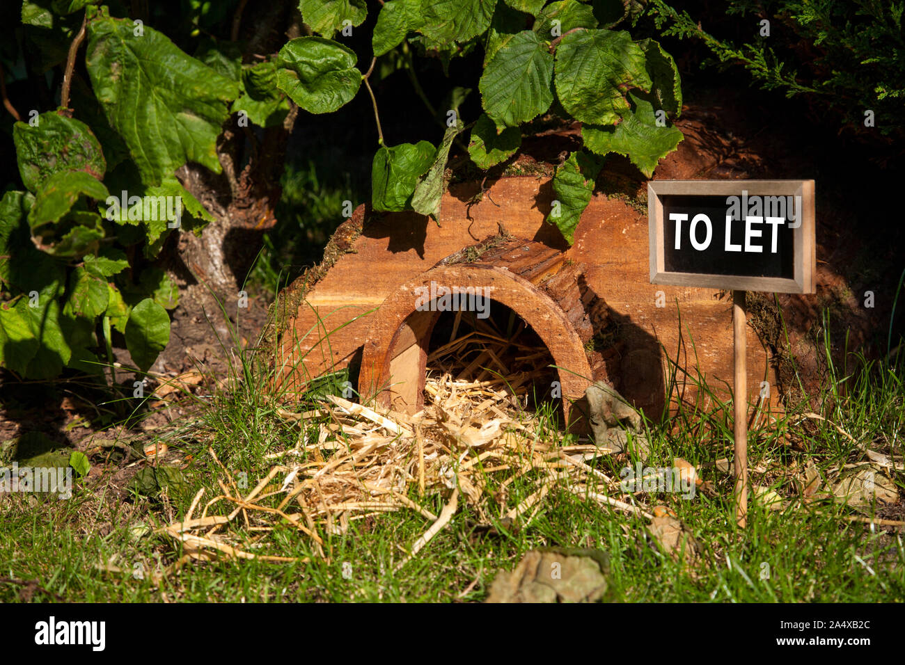 A hedgehog house in a garden in the U.K. Stock Photo