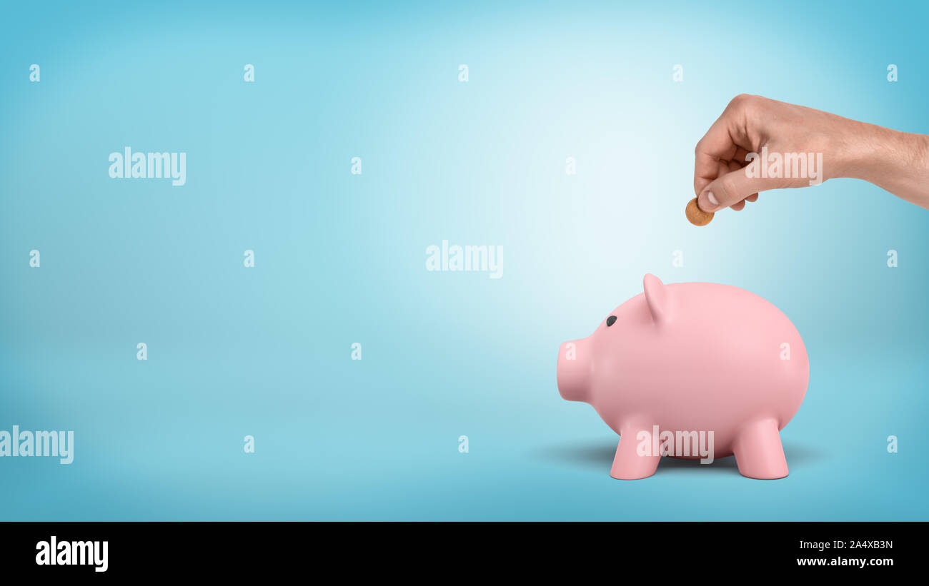 A Male Hand Holds A 50 Cent Coin Above A Slit On Piggy Bank S Back On Blue Background Stock Photo Alamy A Male Hand Holds A 50 Cent Coin Above A Slit On Piggy Bank S Back On Blue Background Stock Photo Alamy