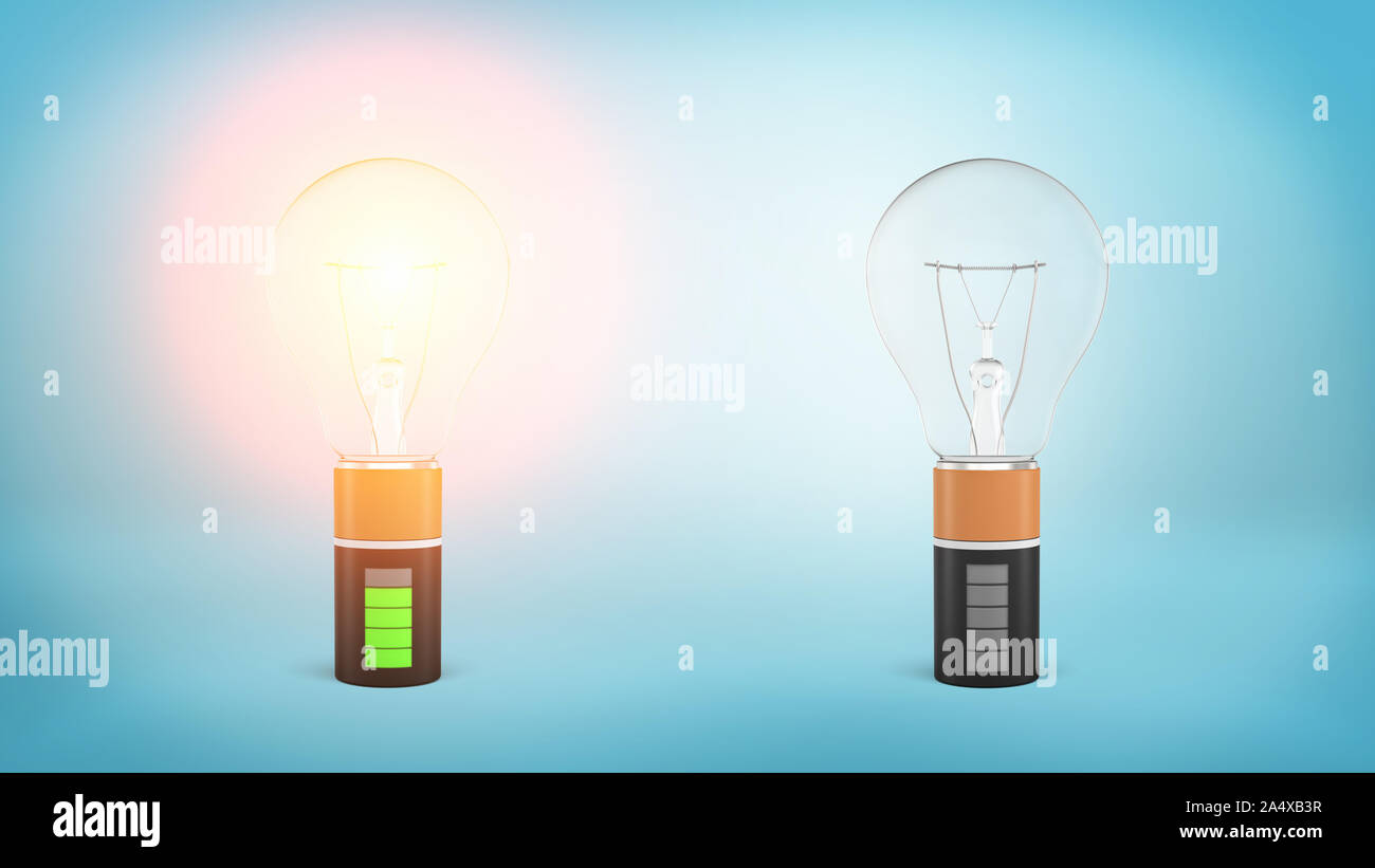 3d rendering of a one glowing light bulb connected to a full battery ...