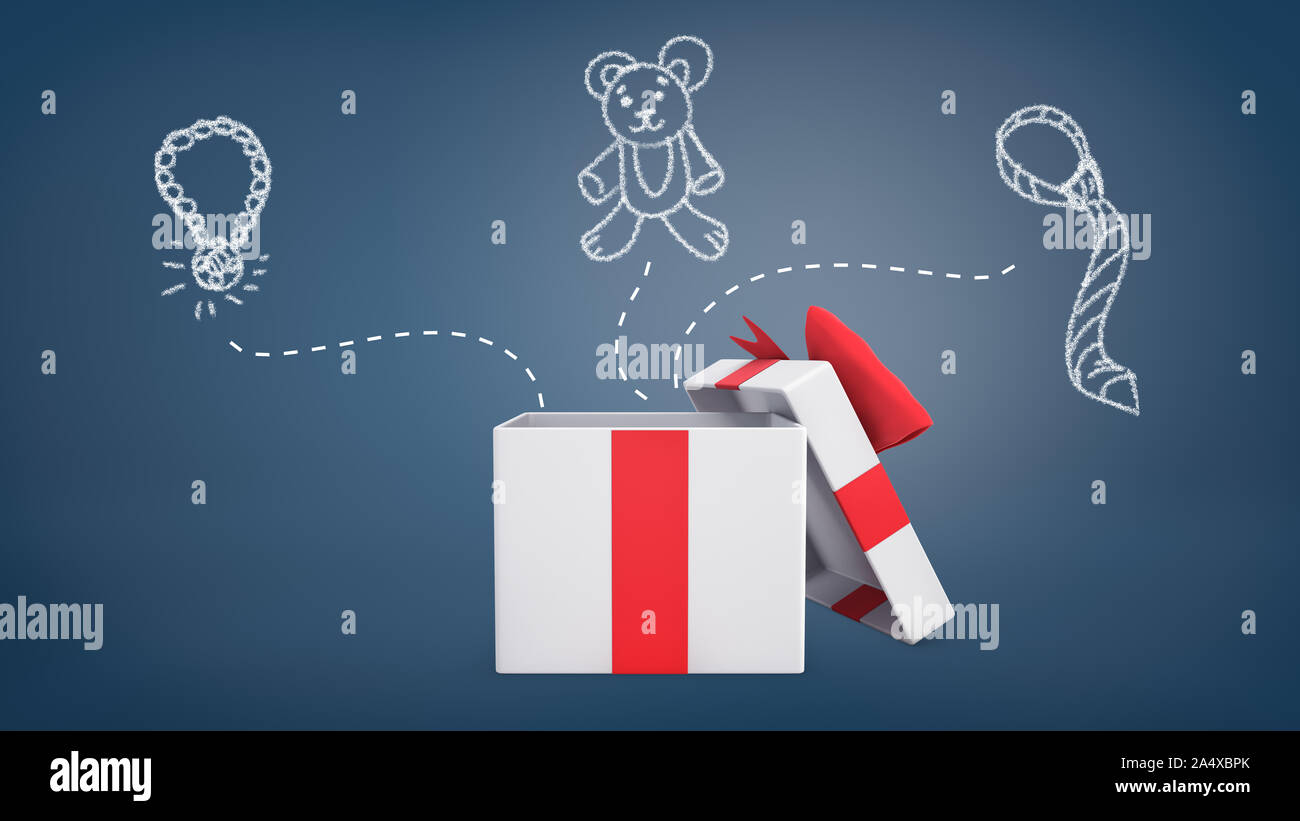 3d Rendering Of A White And Red Gift Box With An Open Lid Stands Near Drawings Of A Necklace A Teddy Bear And A Necktie Stock Photo Alamy