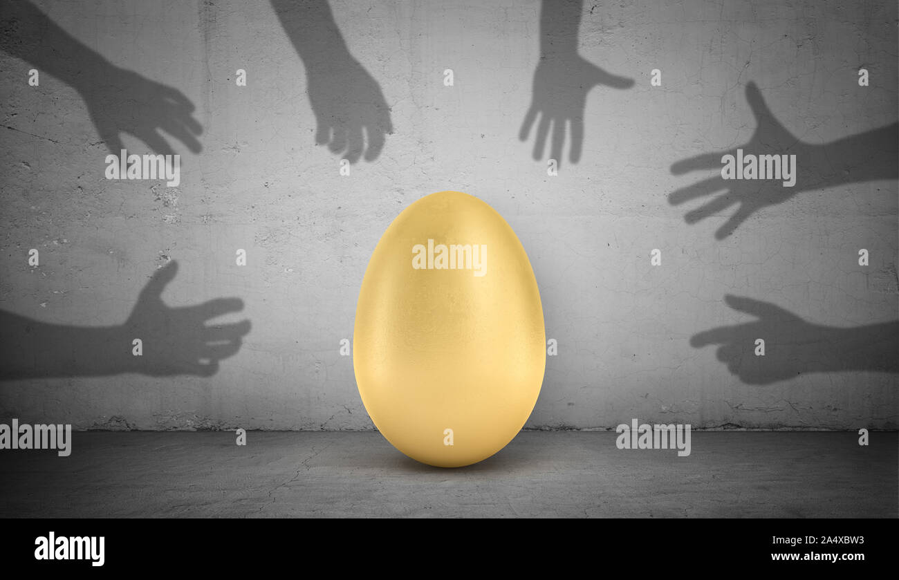 3d rendering of a large golden egg stands on a grey concrete background with many shadow arms trying to grab and snatch it. Stock Photo