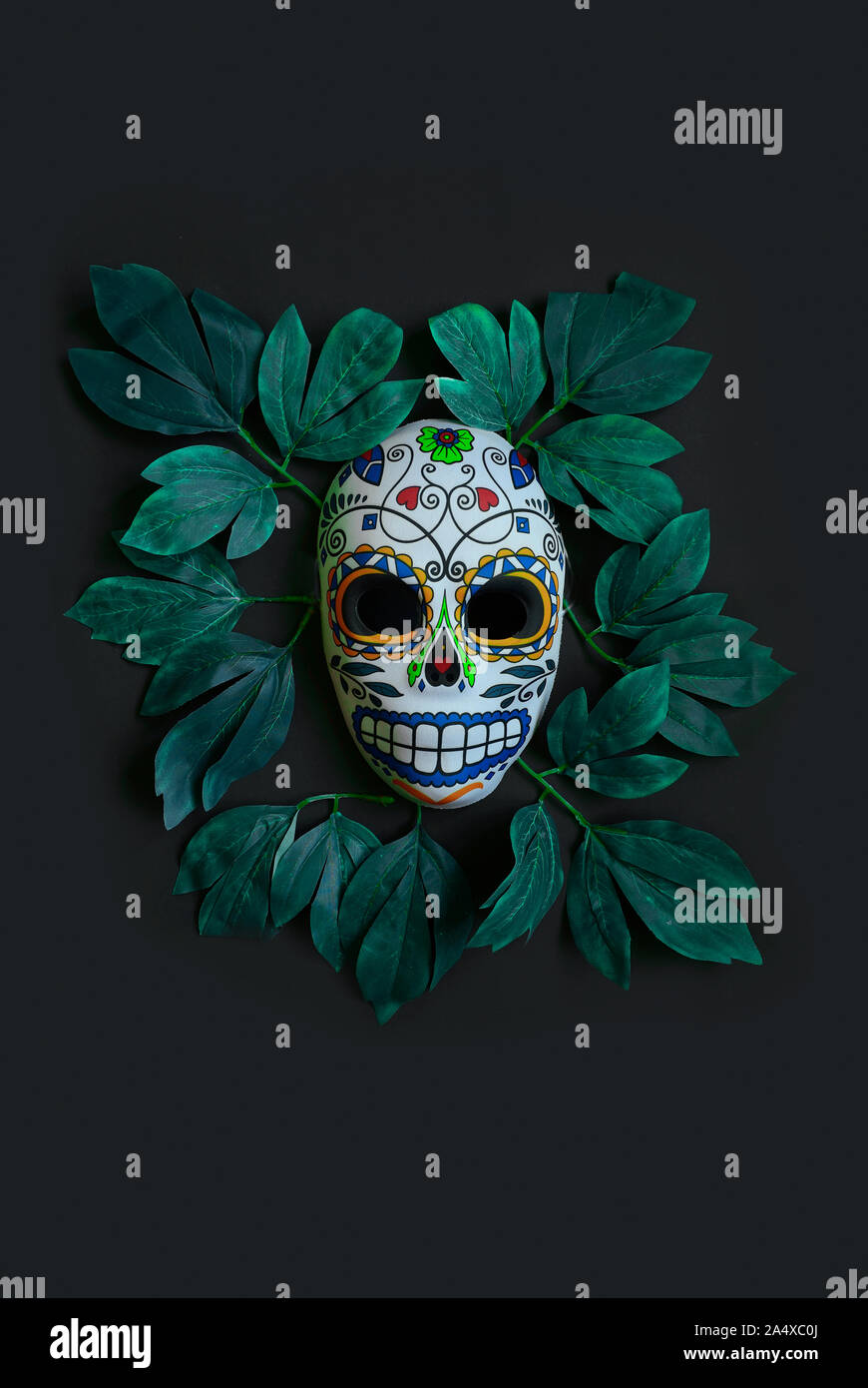 Sugar skull mask with flowers used for celebrating Day of the Dead in hispanic culture. Mexican symbol of the traditional Dia de los Muertos. Hallowee Stock Photo