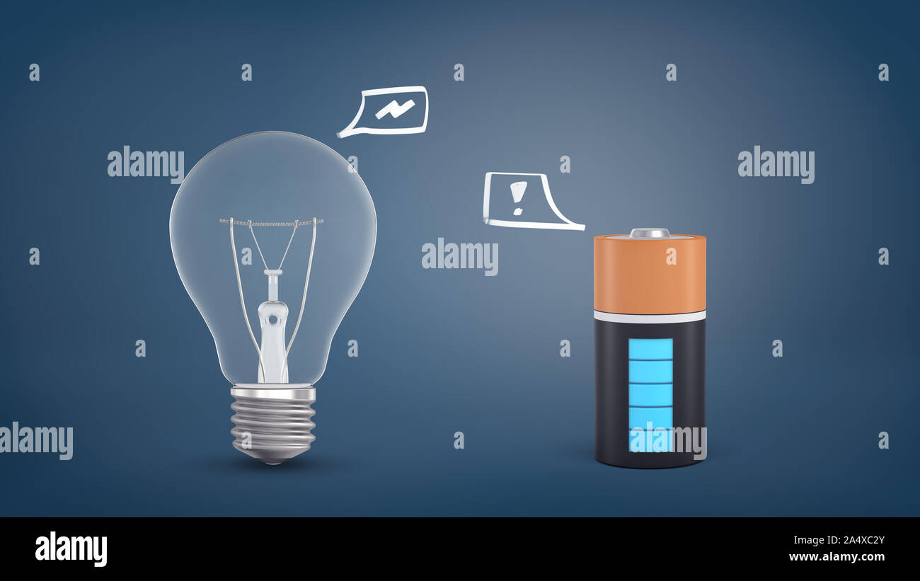 3d rendering of a incandescent bulb with an energy sign inside a speech bubble stands near a battery with an exclamation point. Stock Photo