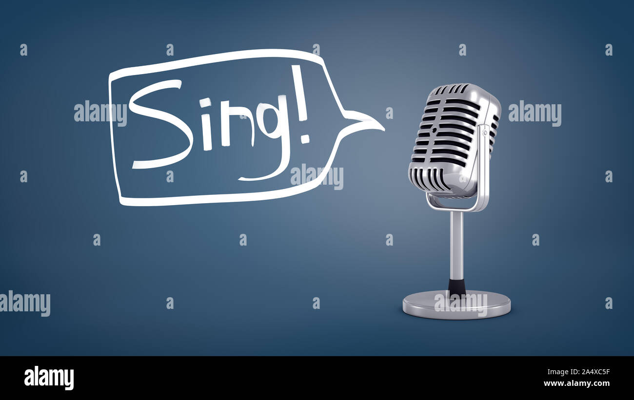 3d rendering of a short silver retro microphone stands on a blue background with a speech bubble as if saying a word Sing. Stock Photo