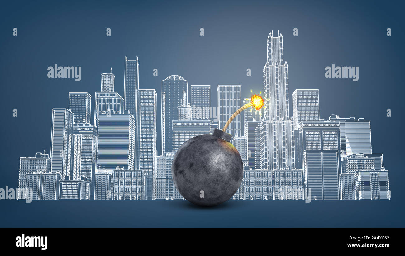 3d rendering of a big black iron bomb with a lit fuse stands in front of a  blackboard with a cityscape drawing Stock Photo - Alamy