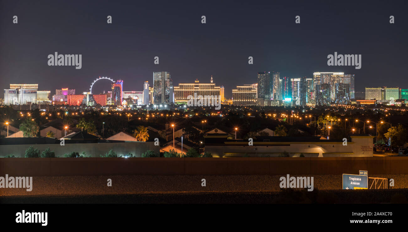 Las Vegas, Nevada, USA -  October 7, 2019:  Night panoramic view of resort towers and residential rooftops from suburban Summerlin., Stock Photo