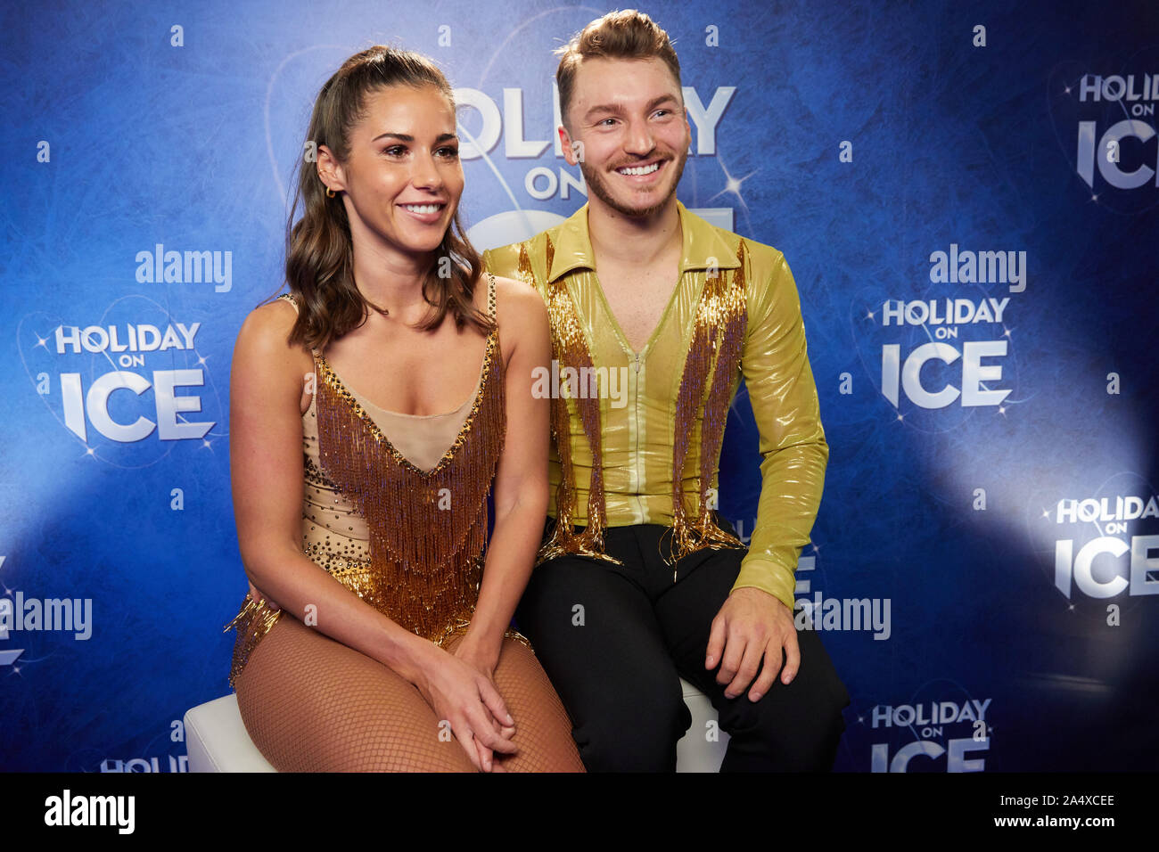 Hamburg, Germany. 16th Oct, 2019. Sarah Lombardi, pop singer, and Panagiotis 'Joti' Polizoakis, figure skater, give an interview to the Holiday on Ice Show 'Supernova'. Credit: Georg Wendt/dpa/Alamy Live News Stock Photo