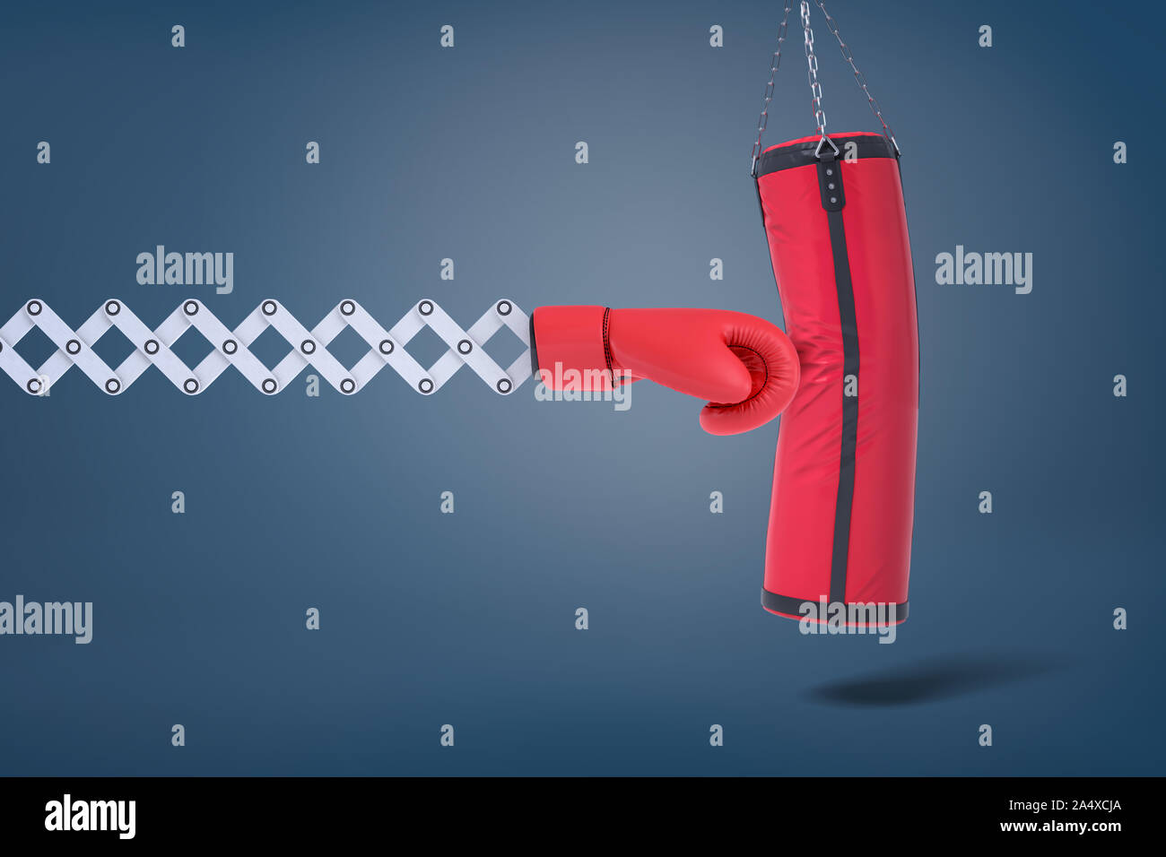 3d rendering of a red sports glove on a scissor mounting hits a boxing