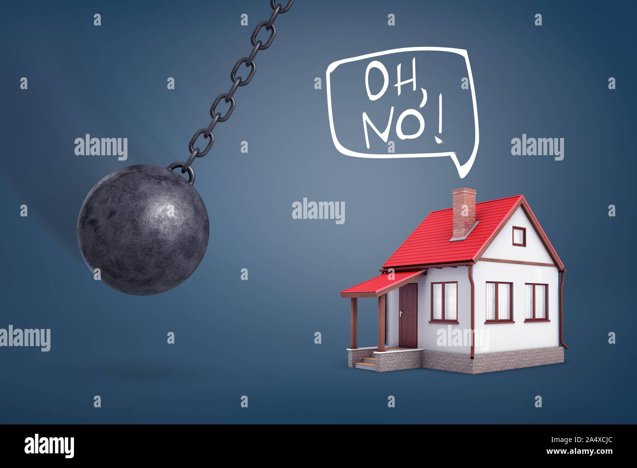 3d rendering of a giant wrecking ball swings in the direction of a small house that expects problems. Stock Photo