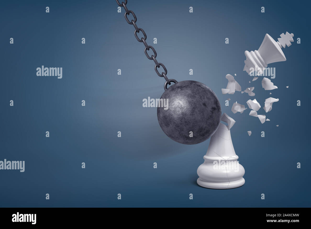 3d rendering of a giant iron wrecking ball hits a white chess king and breaks it in half. Stock Photo