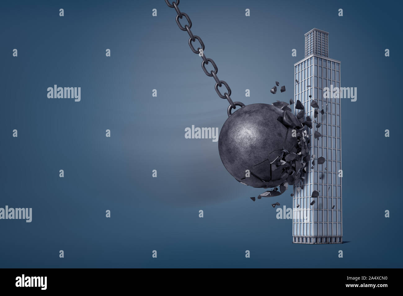 3d rendering of giant iron wrecking ball breaks in pieces when it hits a business skyscraper. Stock Photo