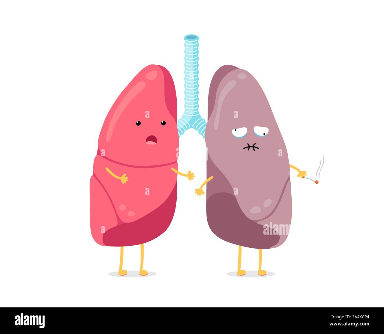 Cute cartoon funny lungs character healthy and smoker. Strong surprised and suffering sick smoking lung mascot. Human respiratory system internal organ compare. Medical anatomy vector illusrtation Stock Vector