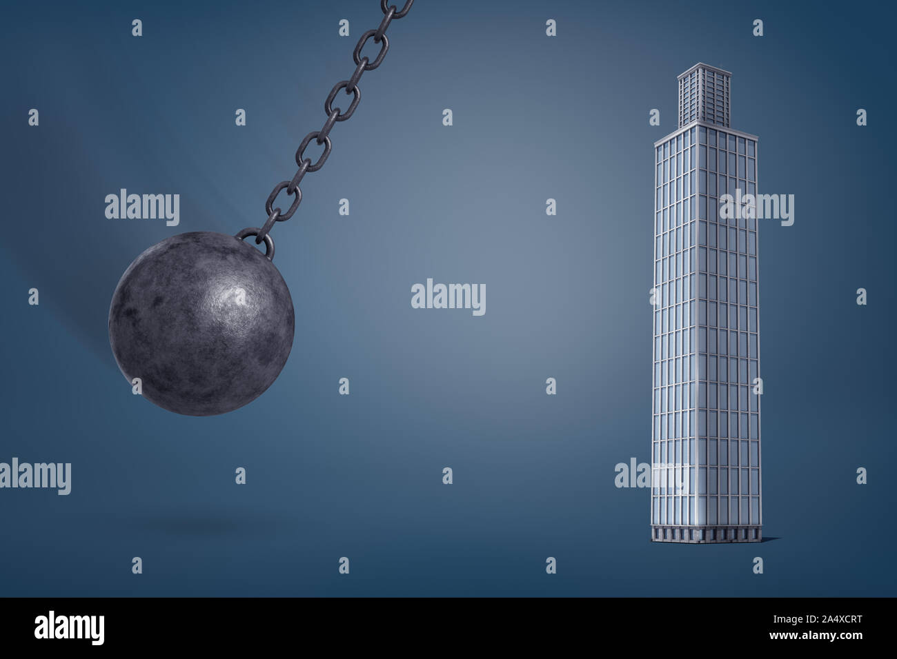 3d rendering of a giant iron wrecking ball swings on its chain in the direction of a tall glass skyscraper. Stock Photo
