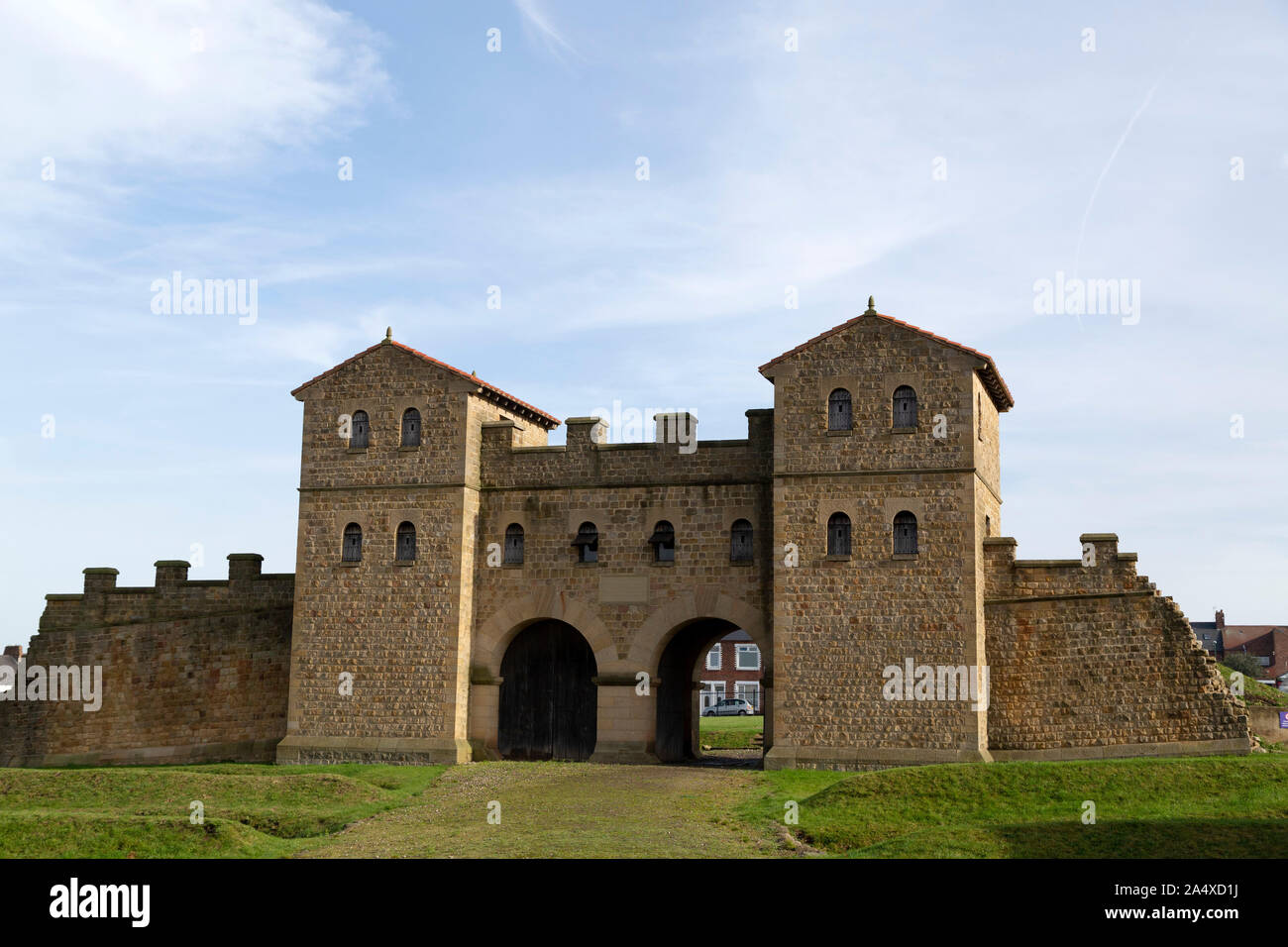 The reconstructed main gate of the Roman Fort (Arbeia) in South Shields ...