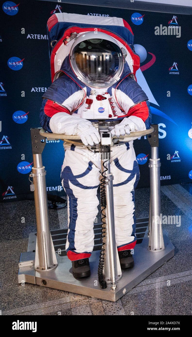 Washington, United States. 16th Oct, 2019. A ground prototype of NASA's new Exploration Extravehicular Mobility Unit (xEMU) is seen on October 15, 2019, at NASA Headquarters in Washington, DC. The xEMU suit improves on the suits previous worn on the Moon during the Apollo era and those currently in use for spacewalks outside the International Space Station. NASA Photo by Joel Kowsky/UPI Credit: UPI/Alamy Live News Stock Photo
